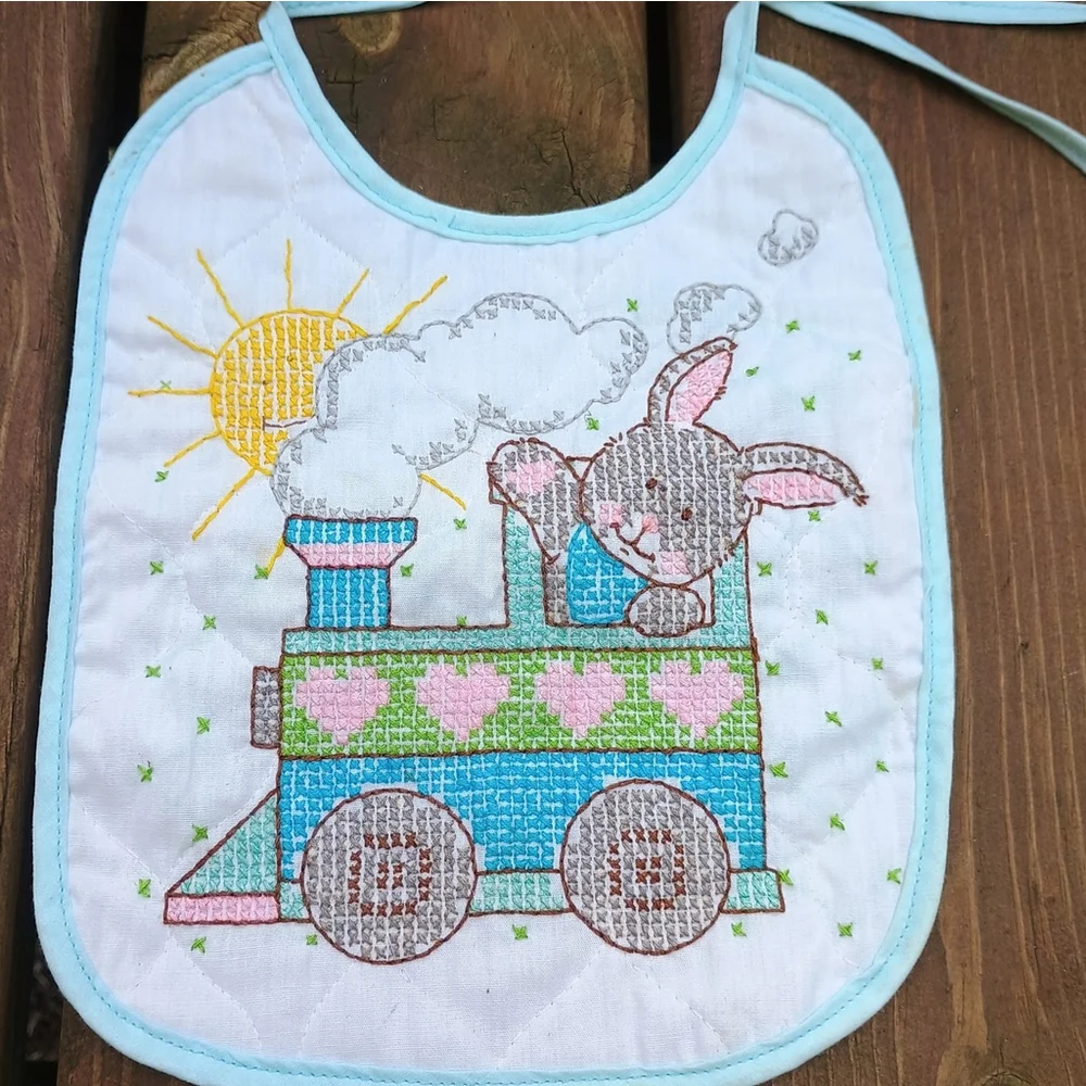 Vintage Bucilla Baby Bib Cross Stitch Bunny Rabbit On Train Unisex